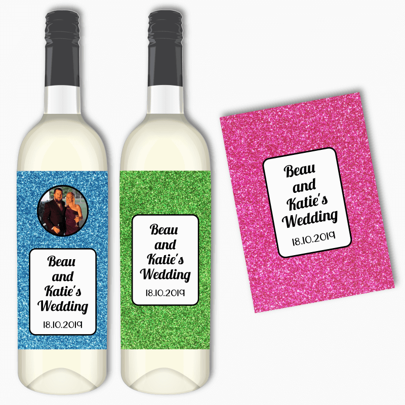 Personalised Glitter Print Wedding Wine Labels