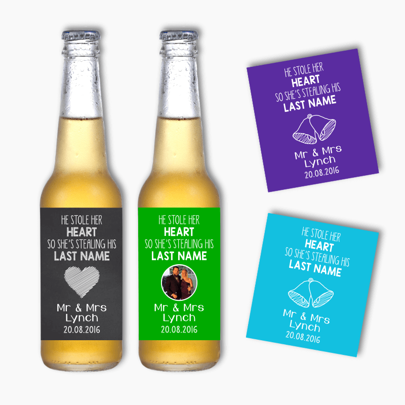 Personalised He Stole Her Heart Wedding Beer Labels
