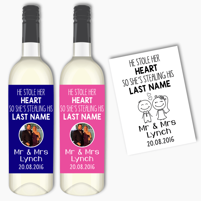 Personalised He Stole Her Heart Wedding Wine Labels