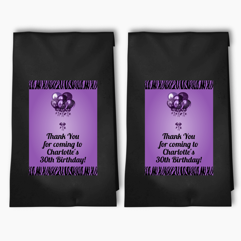 Personalised Purple & Black Balloons Party Bags & Labels