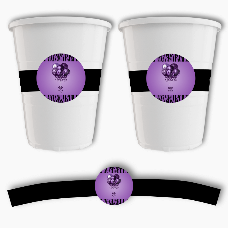 Purple & Black Balloons Birthday Party Cup Stickers