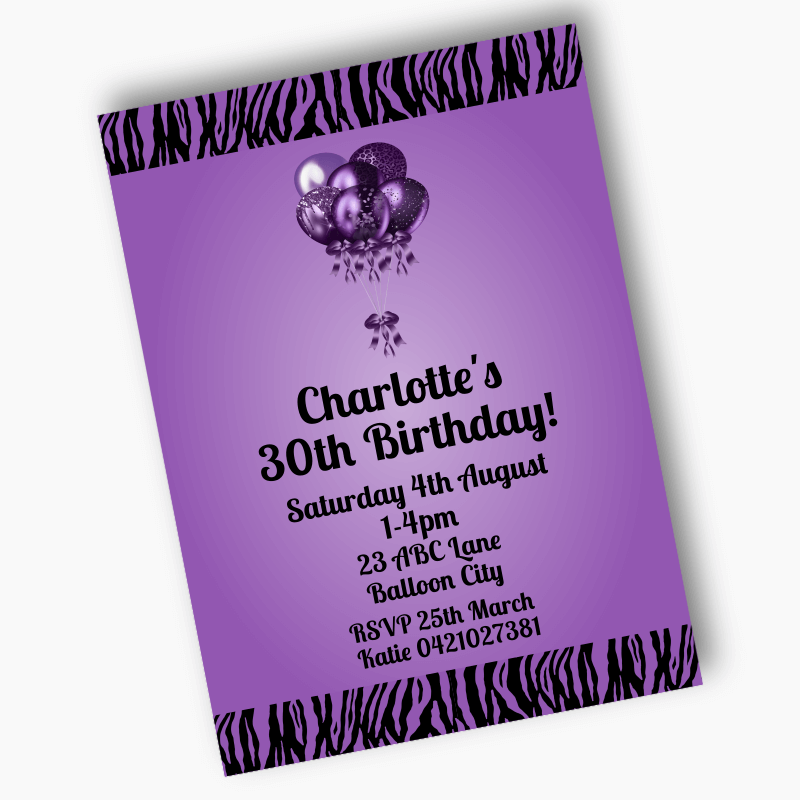 Personalised Purple & Black Balloons Party Invites