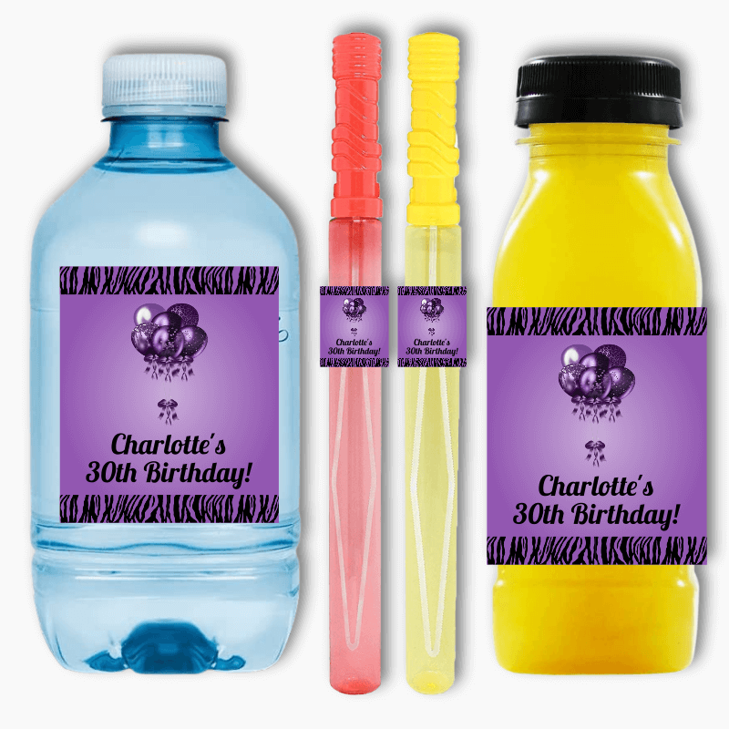 Personalised Purple & Black Balloons Party Rectangle Stickers