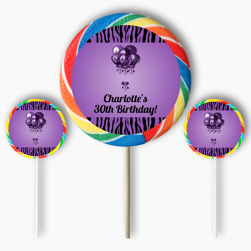 Personalised Purple & Black Balloons Party Round Stickers