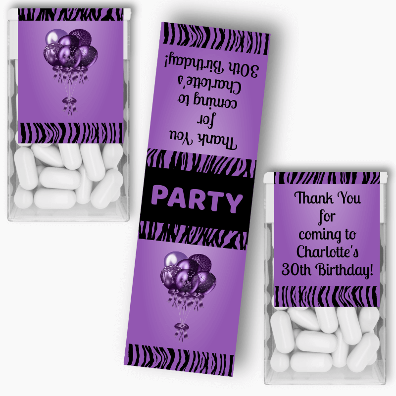 Personalised Purple & Black Balloons Party Tic Tac Labels