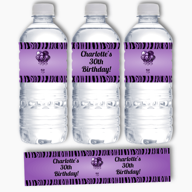 Personalised Purple & Black Balloons Water Bottle Labels
