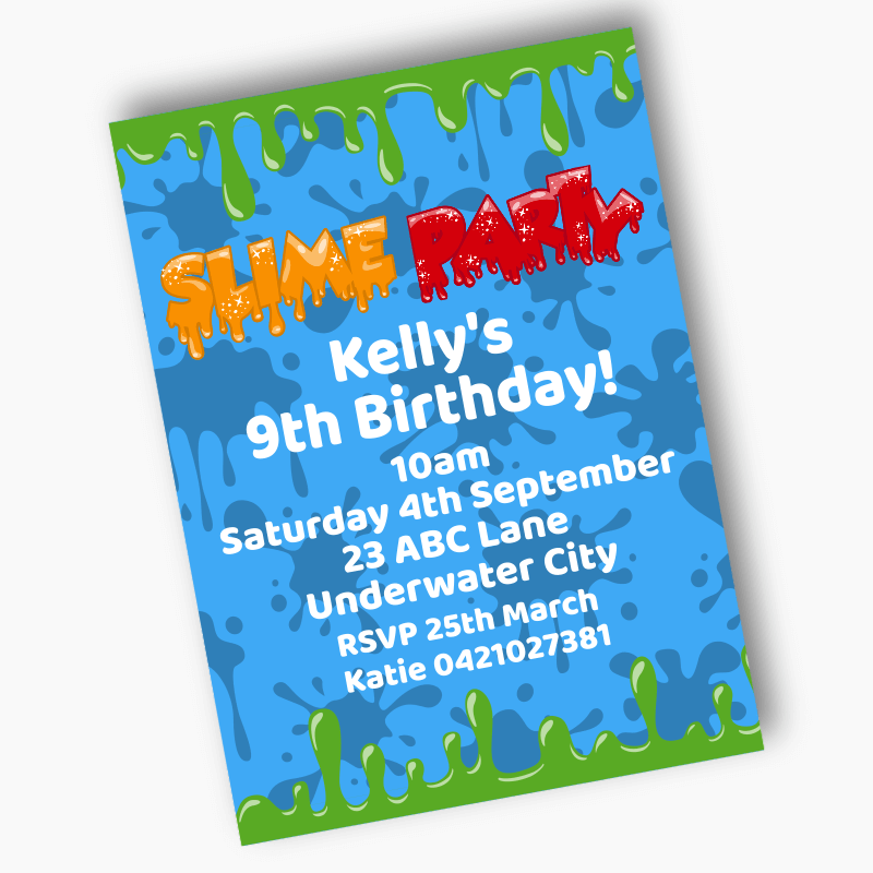 Personalised Slime Birthday Party Invites - Blue