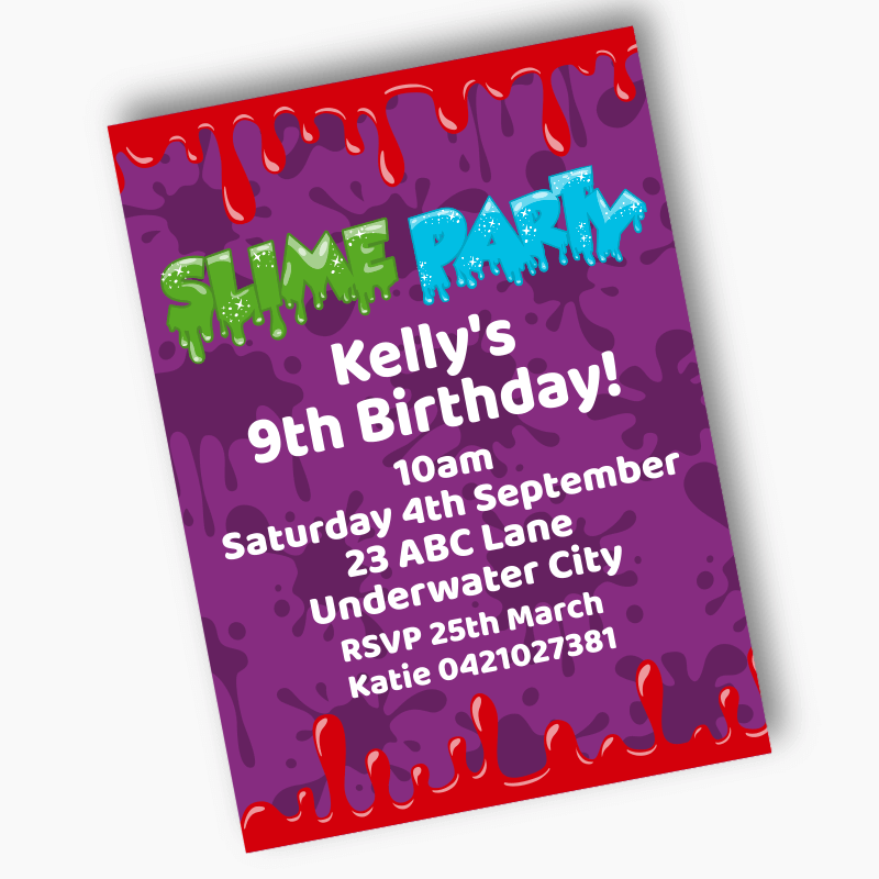 Personalised Slime Birthday Party Invites - Purple