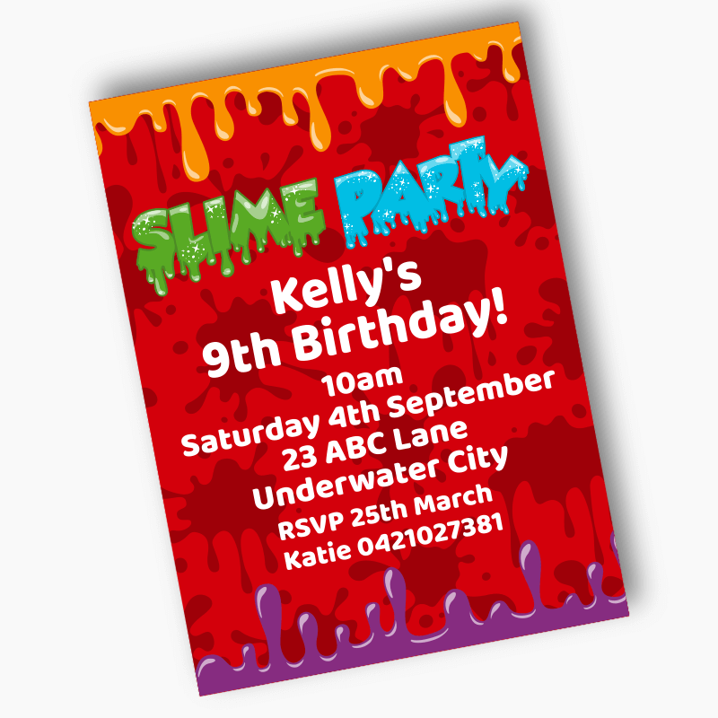 Personalised Slime Birthday Party Invites - Red
