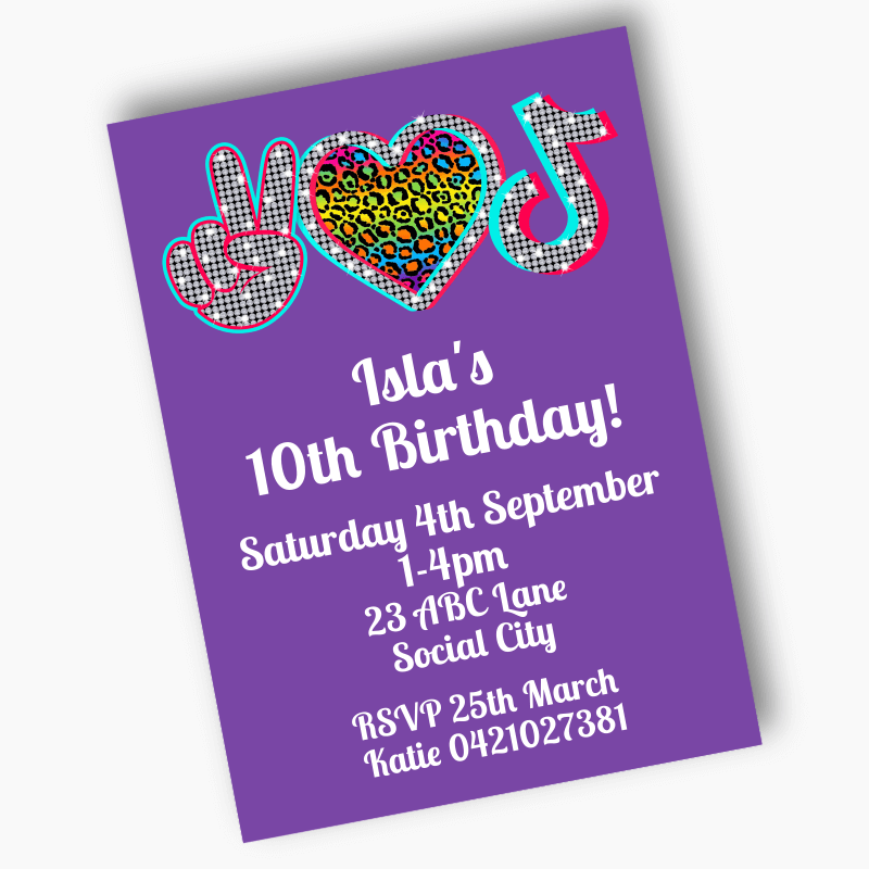 Personalised Tik Tok Birthday Party Invites - Purple