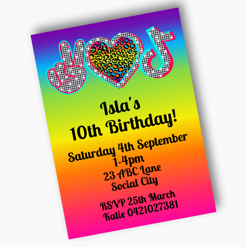Personalised Tik Tok Birthday Party Invites - Rainbow