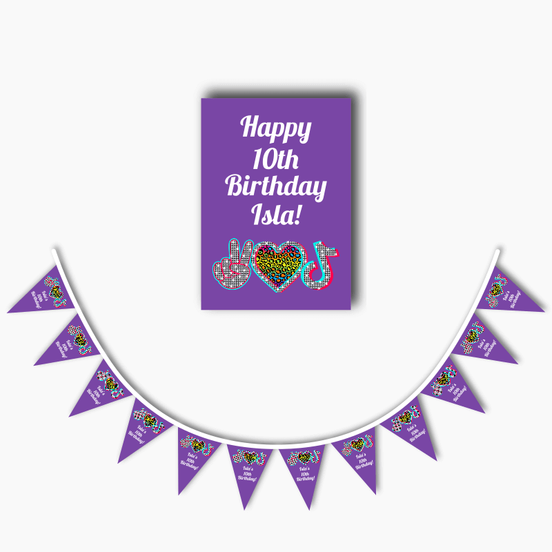 Personalised Tik Tok Party Poster &amp; Bunting Combo - Purple