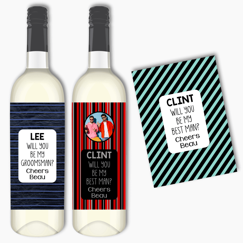 Fun Patterned Will you be my Groomsman? Wine Labels