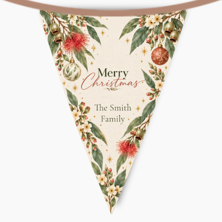 Aussie Botanicals Christmas bunting flag with Merry Christmas and The Smith Family, framed by eucalyptus, native flowers and baubles.