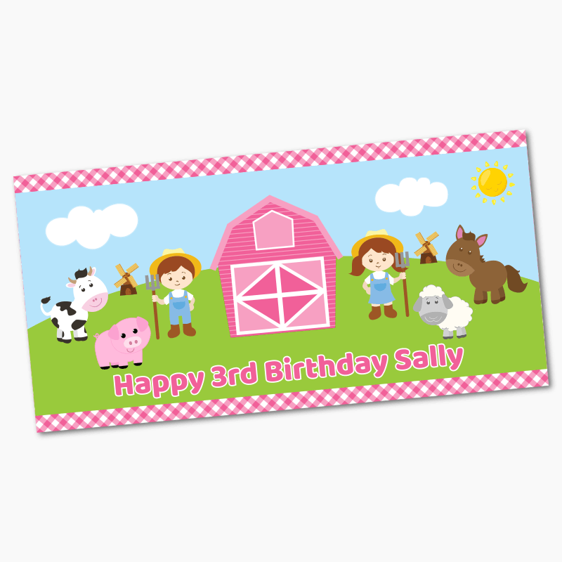 Personalised Barnyard Farm Animals Birthday Party Banners - Pink Gingham