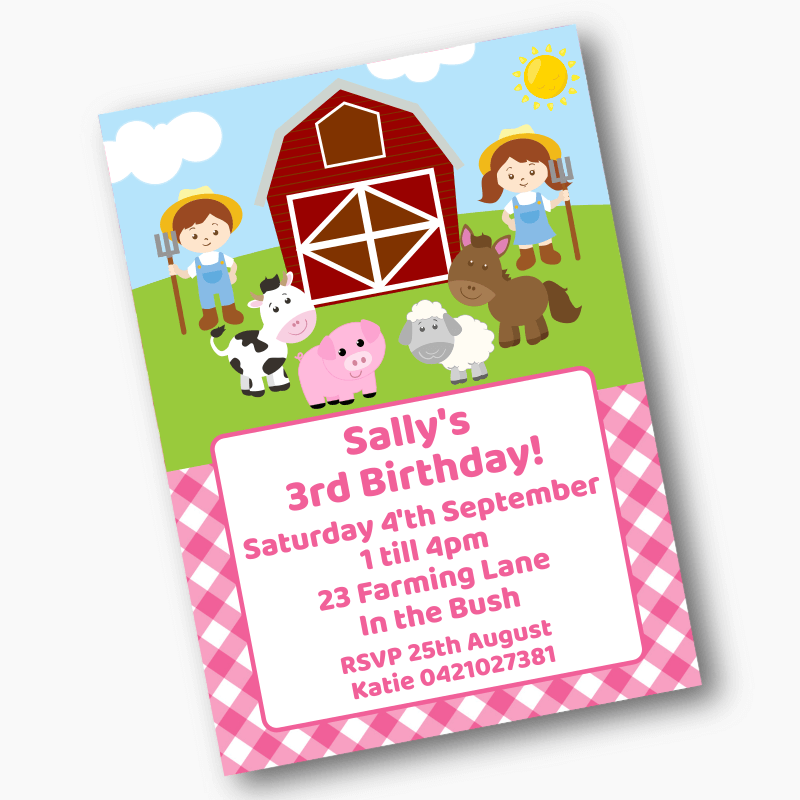 Personalised Barnyard Farm Animals Birthday Party Invites - Pink Gingham