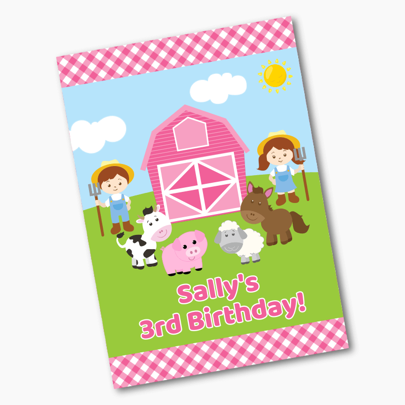 Personalised Barnyard Farm Animals Birthday Party Posters - Pink Gingham