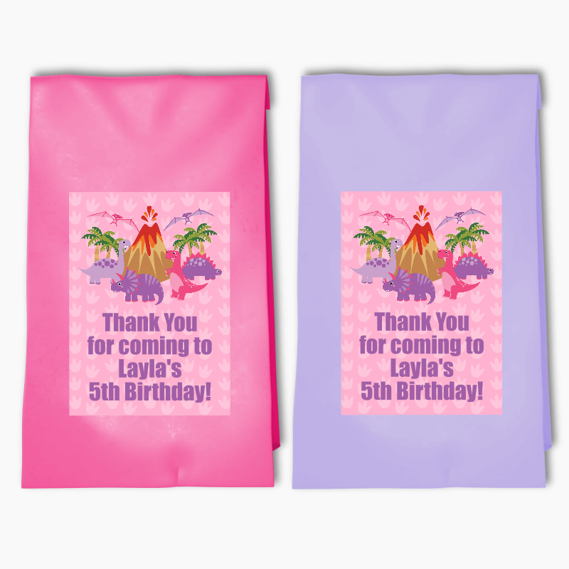 Personalised Pink Dinosaur Birthday Party Bags &amp; Labels