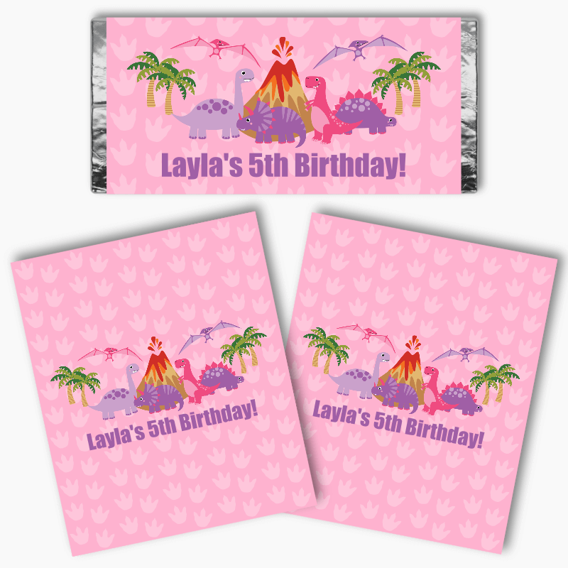 Personalised Pink Dinosaur Birthday Party Mini Chocolate Labels