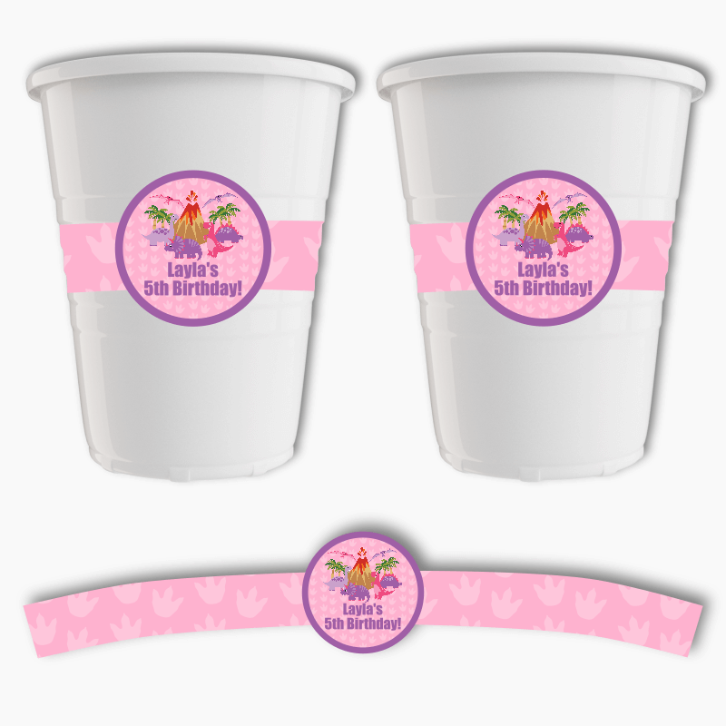 Personalised Pink Dinosaur Birthday Party Cup Stickers