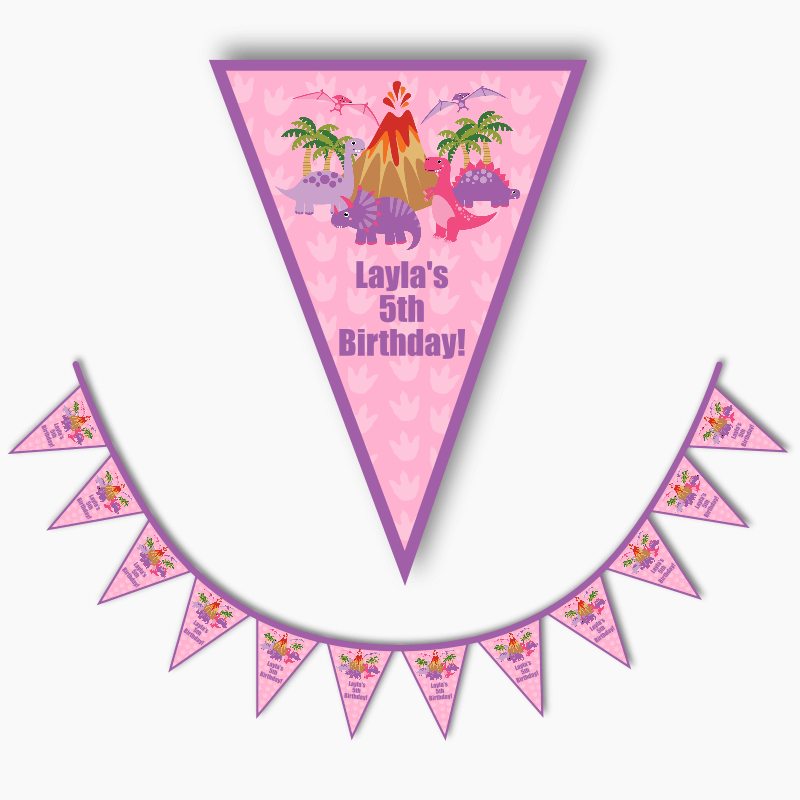 Personalised Pink Dinosaur Birthday Party Flag Bunting