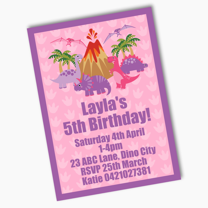 Personalised Pink Dinosaur Birthday Party Invites