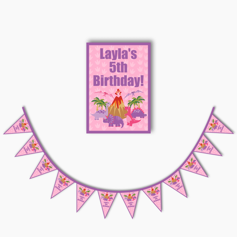 Personalised Pink Dinosaur Party Poster &amp; Bunting Combo