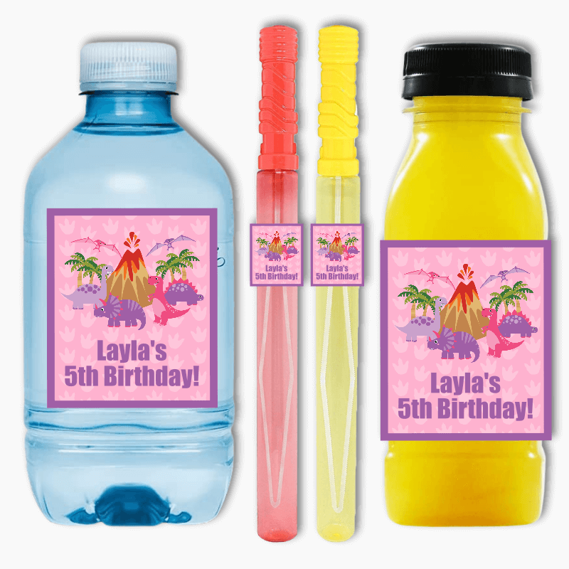 Pink Dinosaur Birthday Party Rectangle Favour Stickers