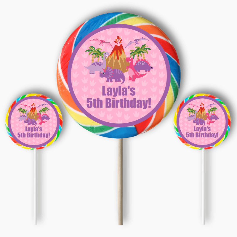Personalised Pink Dinosaur Birthday Party Round Stickers