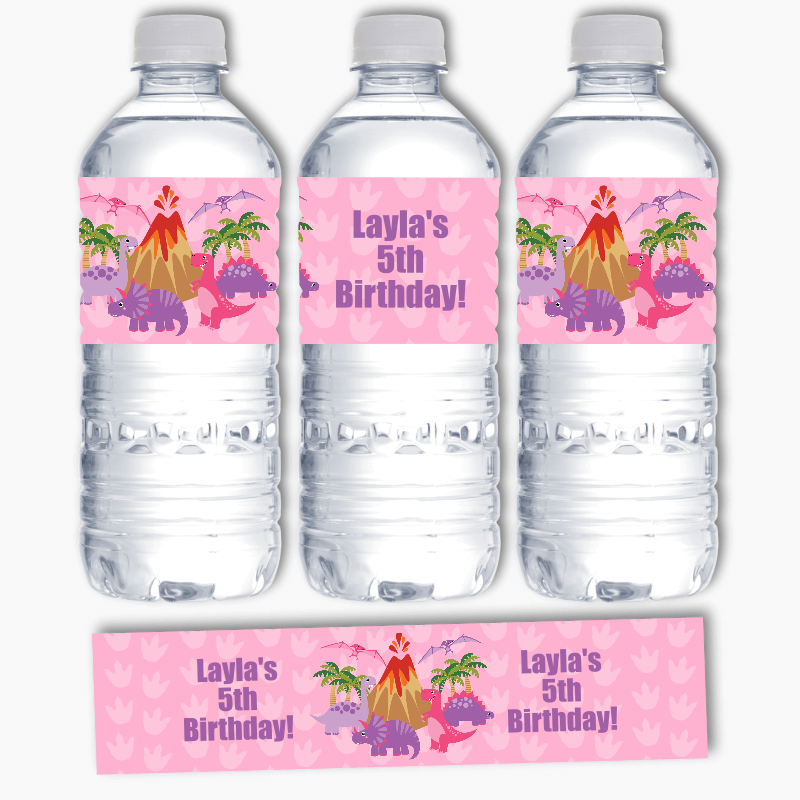 Personalised Pink Dinosaur Party Water Bottle Labels