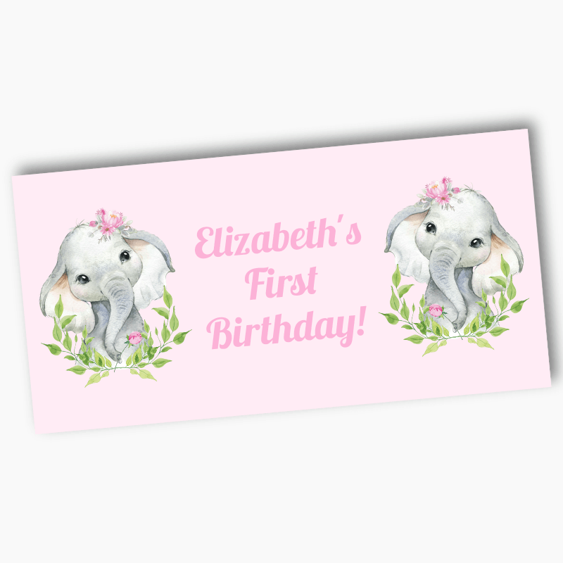 Pink Floral African Elephant Party Banner