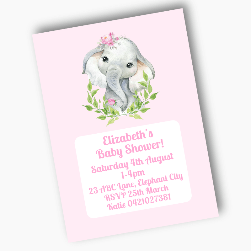 Pink Floral African Elephant Party Invites