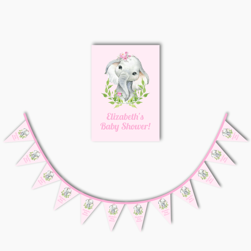 Pink Floral African Elephant Party Poster &amp; Bunting Combo