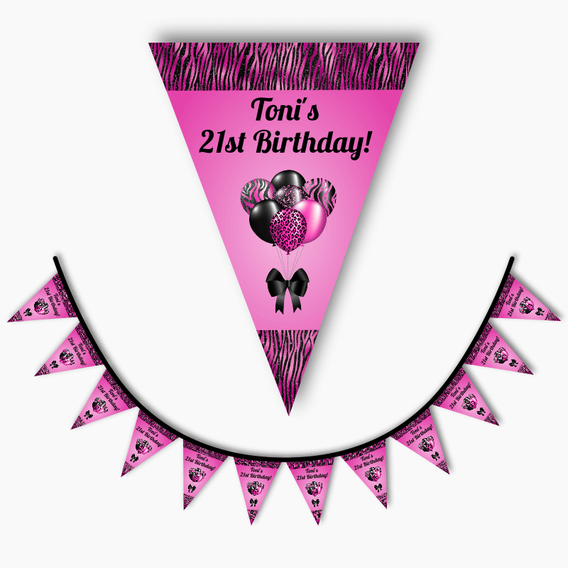 Personalised Fuchsia Pink & Black Balloons Birthday Party Flag Bunting