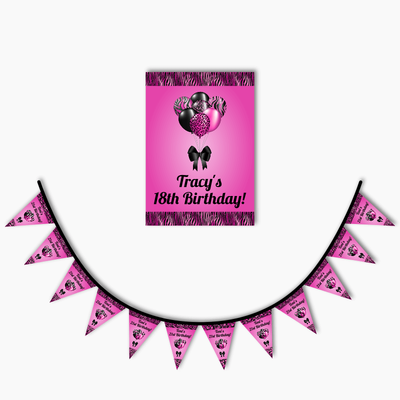 Personalised Fuchsia Pink &amp; Black Balloons Poster &amp; Bunting Combo