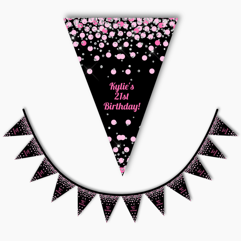 Pink &amp; Black Confetti Party Flag Bunting