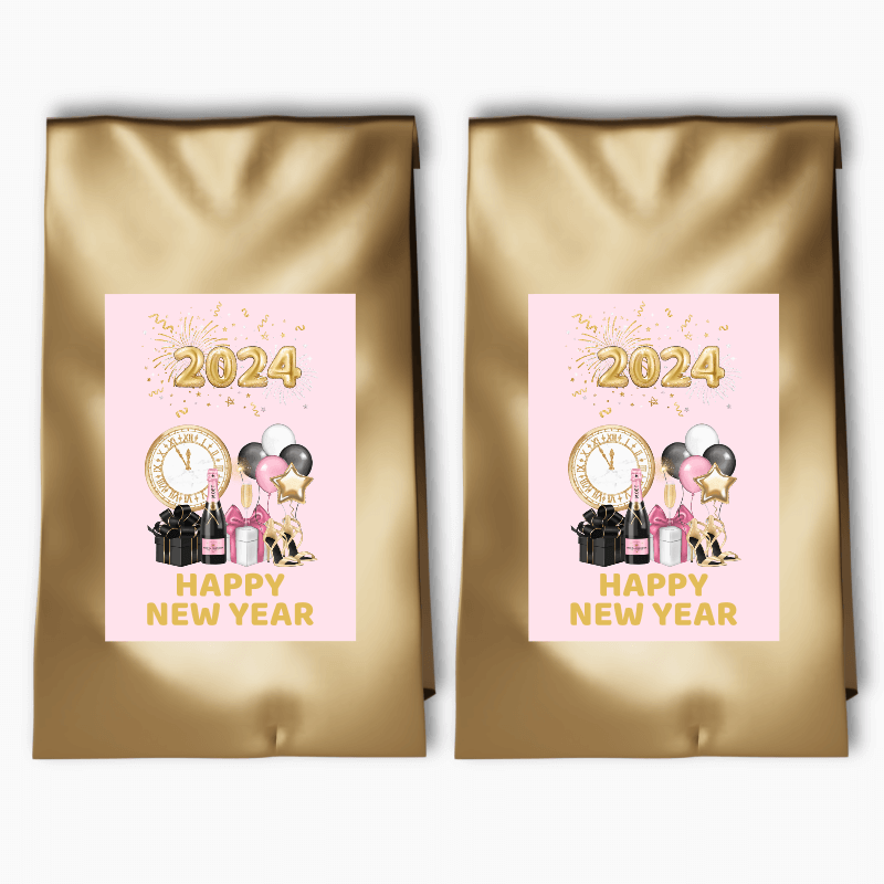 Pink, Black & Gold New Years Party Bags & Labels