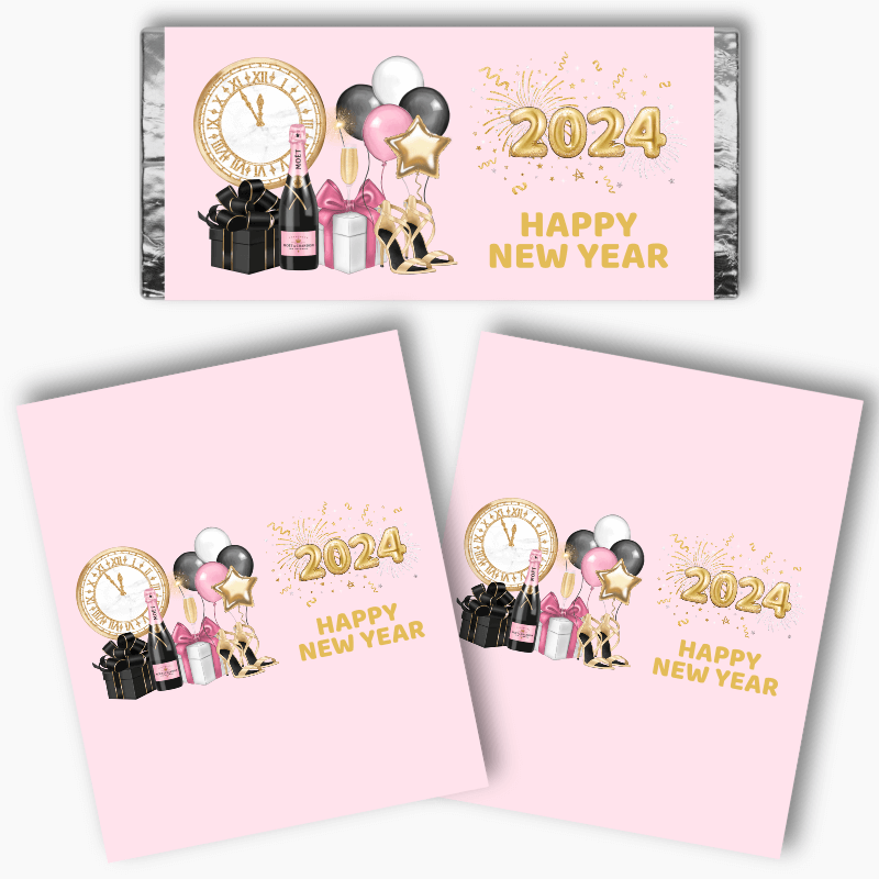 Pink, Black &amp; Gold New Years Party Mini Chocolate Labels