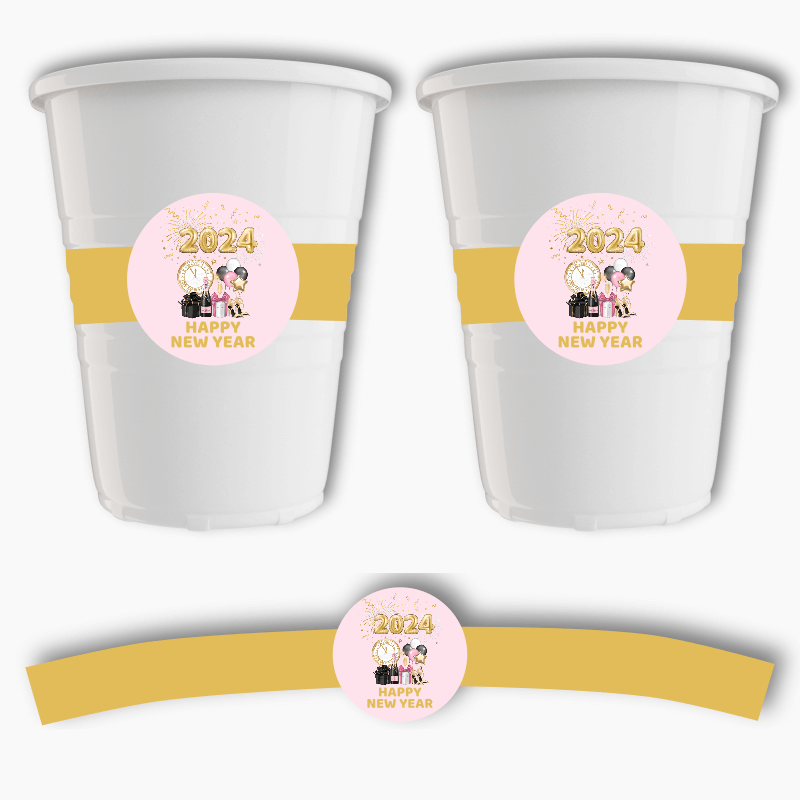 Pink, Black &amp; Gold New Years Party Cup Stickers