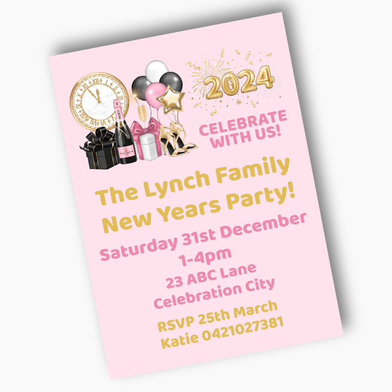 Pink, Black &amp; Gold New Years Party Invites