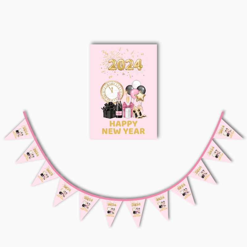Pink, Black &amp; Gold New Years Poster &amp; Bunting Combo
