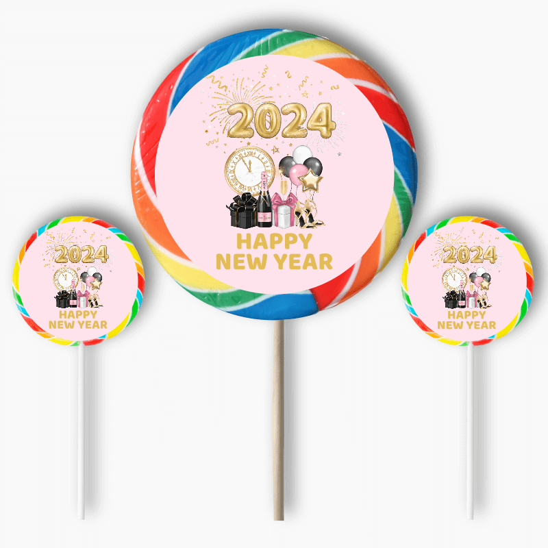 Pink, Black &amp; Gold New Years Party Round Stickers