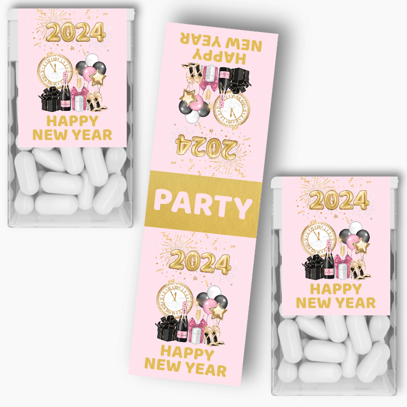 Pink, Black &amp; Gold New Years Party Tic Tac Labels