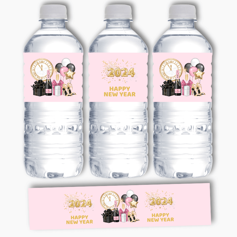 Pink, Black &amp; Gold New Years Party Water Bottle Labels