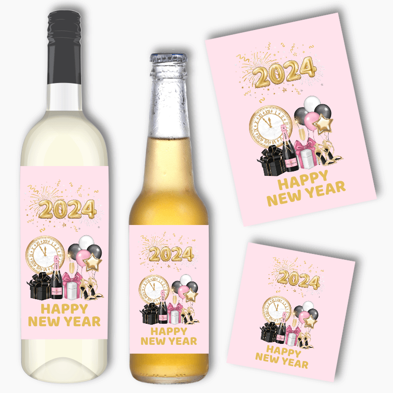 Pink, Black &amp; Gold New Years Party Wine &amp; Beer Labels