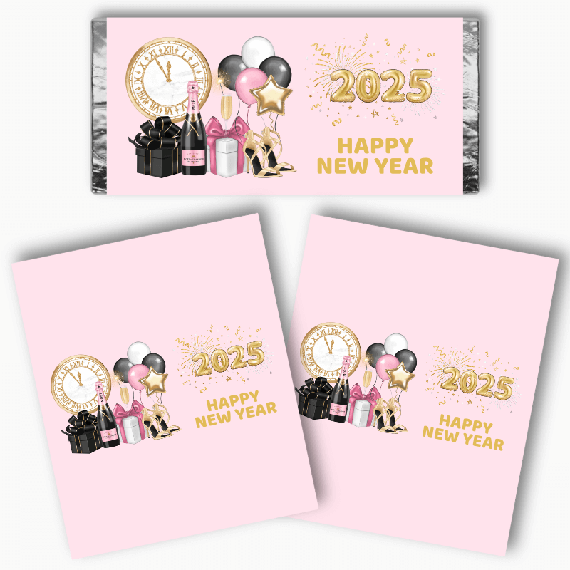 Pink, Black & Gold New Years Party Mini Chocolate Labels
