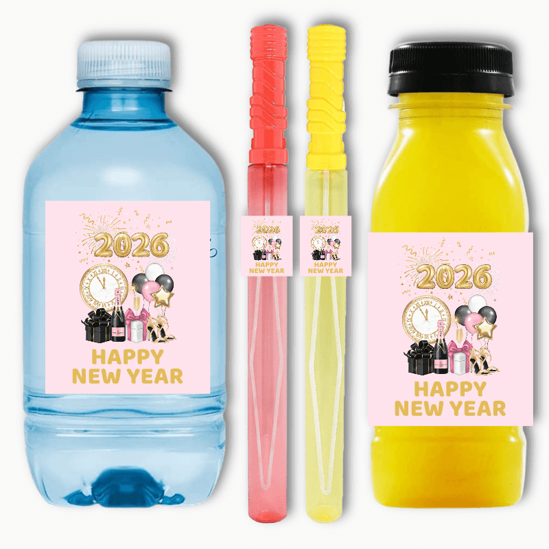 Pink, Black & Gold New Years Party Rectangle Favour Stickers