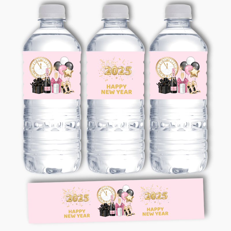 Pink, Black & Gold New Years 2025 Water Bottle Labels