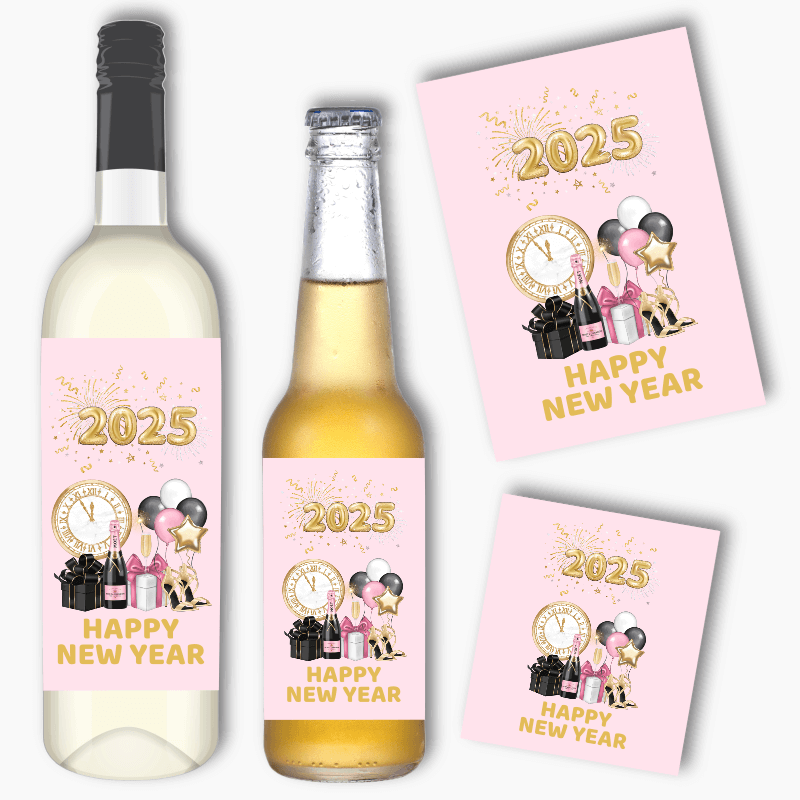 Pink, Black & Gold New Years 2025 Wine & Beer Labels
