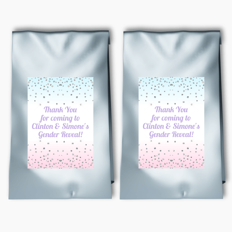 Personalised Pink &amp; Blue Confetti Gender Reveal Party Bags &amp; Labels